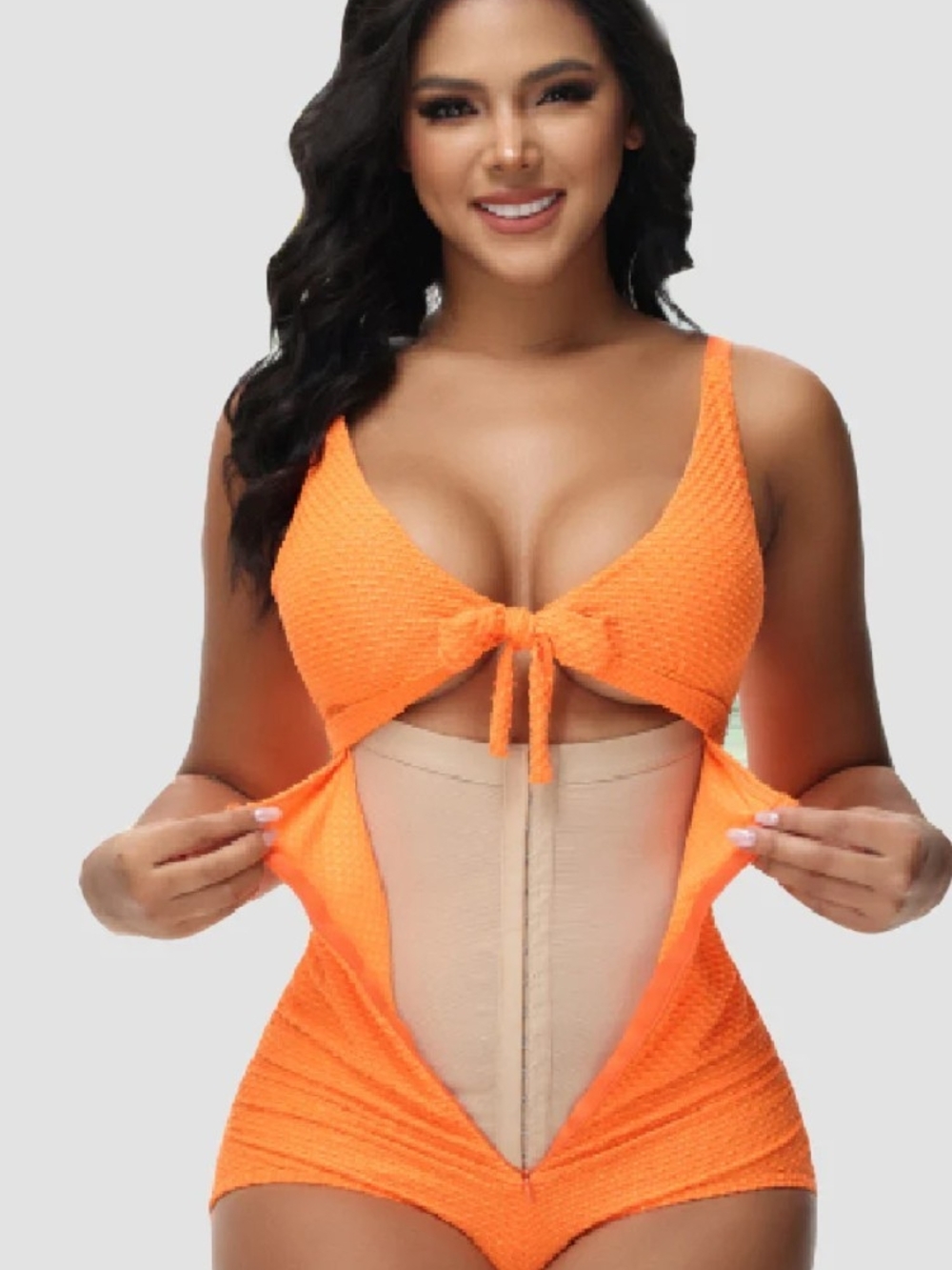 Orange Textured Cutout One-Piece Swimsuit
